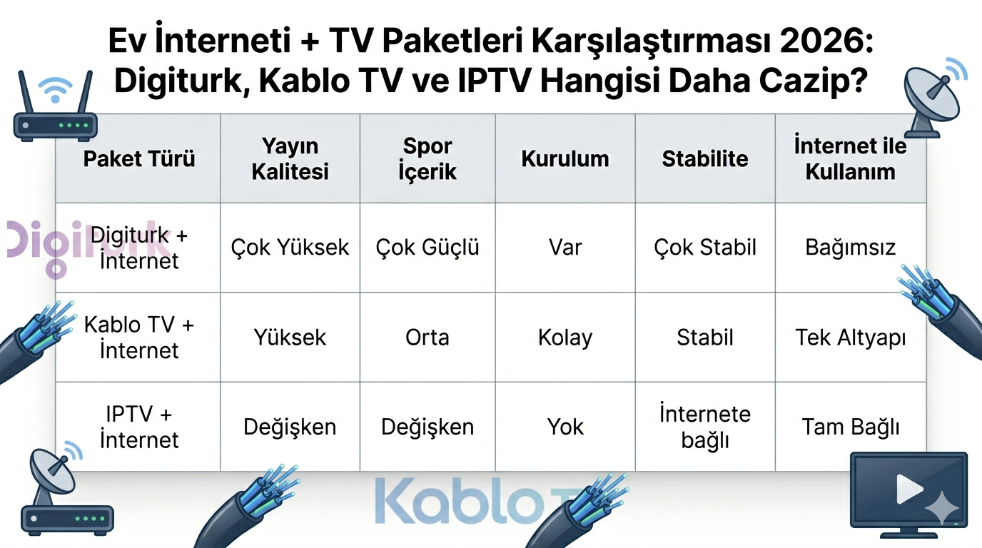 Ev interneti + TV paketleri 2026: Digiturk, Kablo TV, IPTV karşılaştırması ve maç paketi kampanyaları.