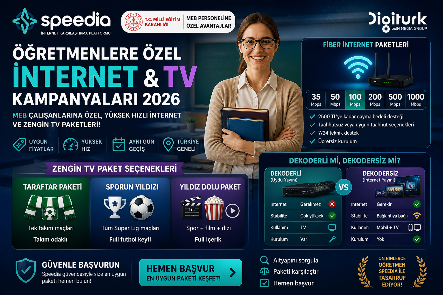 Öğretmenlere Özel İnternet Kampanyaları 2026 | MEB Personeline En Uygun Ev İnterneti ve TV Paketleri
